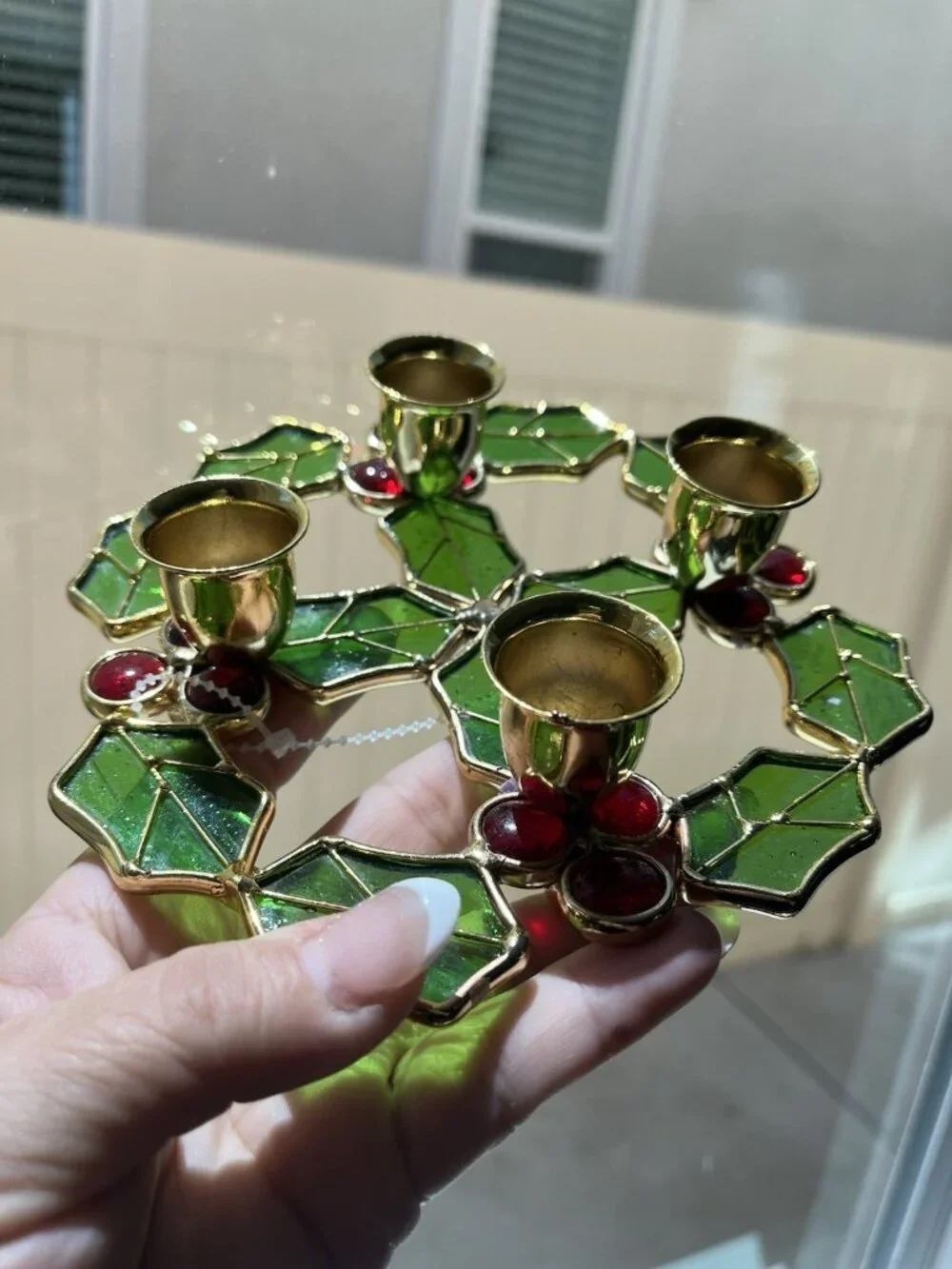 Leaded Stained Glass Holly & Berries Candle Holder Wreath Tabletop Christmas